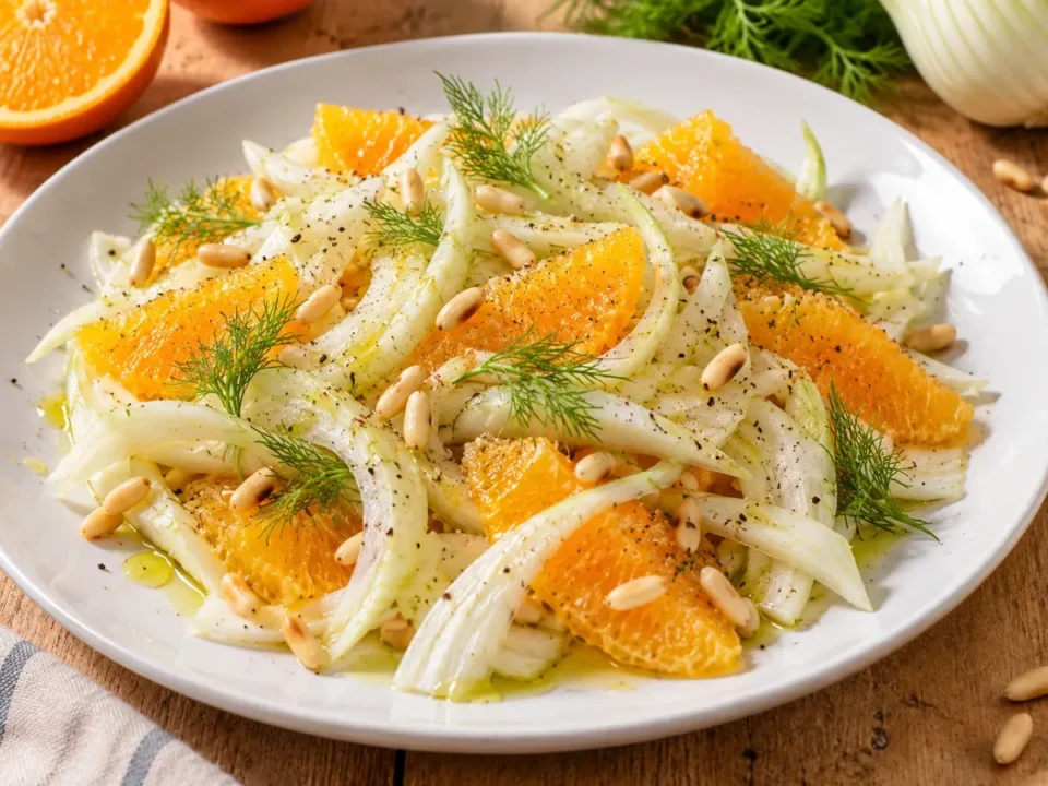 Insalata di finocchi a fettine e spicchi di arancia con pinoli, finocchietto, olio e pepe in un piatto bianco