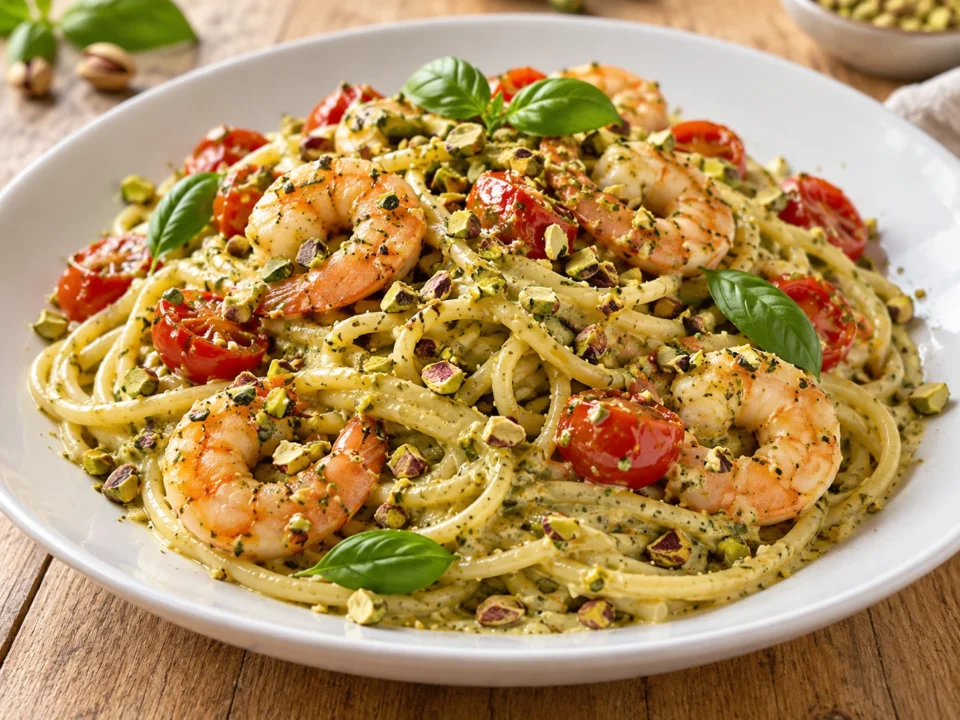 Piatto di spaghetti con crema di pistacchio, gamberi, pomodorini, granella di pistacchi e basilico