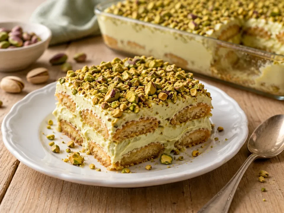 Porzione di tiramisù al pistacchio con strati di savoiardi e crema verde chiaro coperta di granella di pistacchi